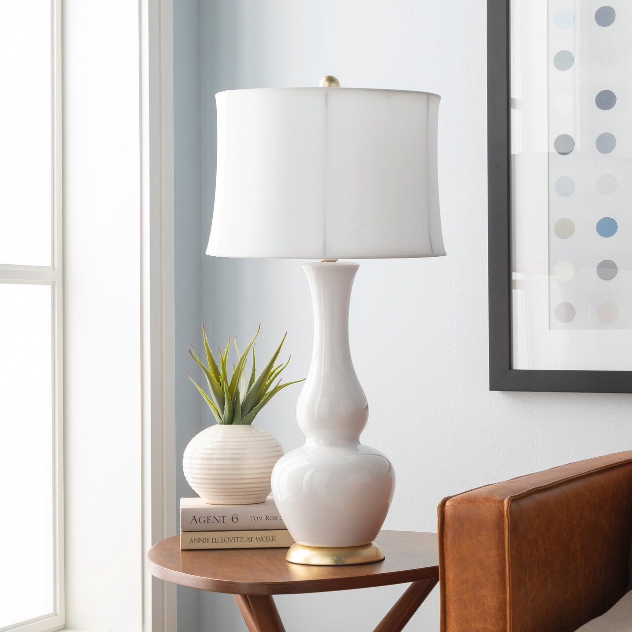 Diva At Home 30" Modern Poise Ivory Ceramic Table Lamp with Ivory Modified Drum Shade